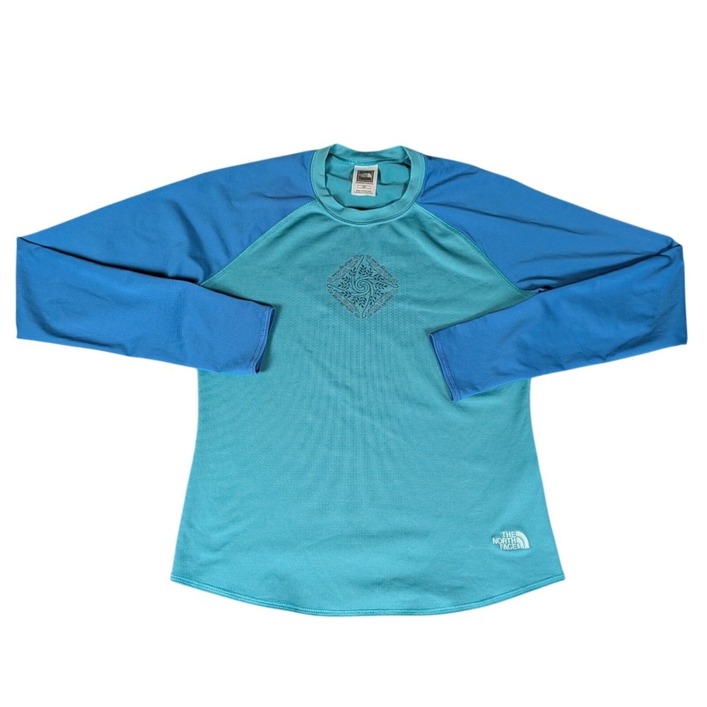 The North Face Womens Teal Blue Raglan Long Sleeve Performance Graphic Top